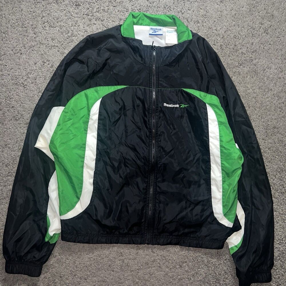 VTG 90s Reebok Windbreaker Jacket Women’s Large Green Black‎